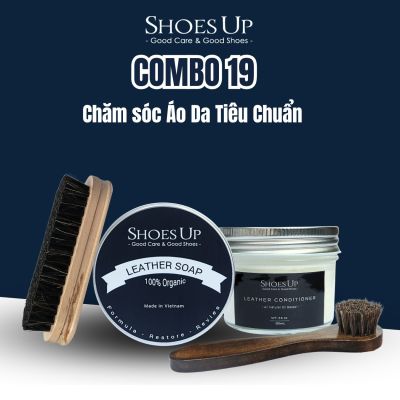 SHOES UP Combo 19 Áo Da Tiêu Chuẩn - Làm Sạch & Dưỡng Áo Da, Giữ Áo Luôn Mềm Mại với Leather Soap Organic, Leather Conditioner & Bàn Chải Lông Ngựa 15cm